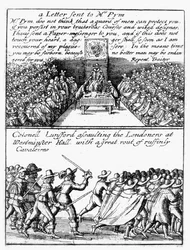 John Pym liest einen Brief im Unterhaus vor; Oberst Thomas Lunsford und seine Soldaten greifen Londoner an