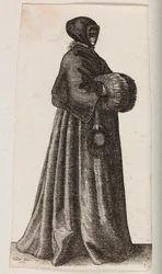 Frau in Schwarz mit Maske, Haube und Muff
