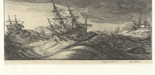 Kriegsschiffe und ein Wal in einem Seesturm