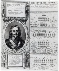 Porträt von König Karl I. mit Diagrammen zur Formation seiner Truppen während des Bischofskriegs, ca. 1639