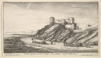 Aussicht auf Yorke Castle in Tanger, vom Strand und Nordwesten, 1669-73