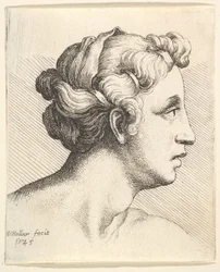 Frau mit gebundenem Haarzopf im Profil nach rechts, 1645