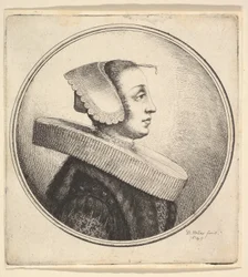 Frau mit kreisförmiger Halskrause, Haube und Haarnadel, im Profil nach rechts, 1645