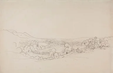 Hügelige Landschaft mit Gitterhäusern