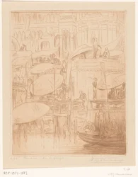 Badende und betende Männer und Frauen am Ufer des Ganges in Benares