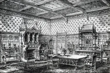 Entwurf für ein gotisches Esszimmer, veröffentlicht in The House-Furnisher & Decorator, 1. September 1872