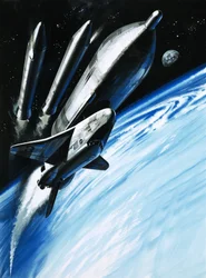 Das Space Shuttle im Moment, in dem es zwei seiner Raketentriebwerke abwirft
