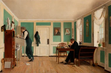 Innenraum von Amaliegade. Kapitän Carl Ludvig Bendz stehend und Dr. Jacob Christian Bendz sitzend