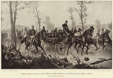 Kaiser Napoleon wird am Morgen nach der Schlacht von Sedan von Prinz Bismarck zu König Wilhelm eskortiert