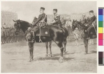 Kaiser Franz Joseph I. und Zar Nikolaus II. bei der Parade auf dem Champ-de-Mars in St. Petersburg