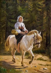 Eine Frau aus Dalecarlia reitet barfuß auf einem weißen Pferd
