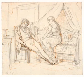 Innenraum mit melancholischem jungen Mann und einem Mädchen auf einem Bett