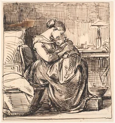 Mutter mit schlafendem Kind auf dem Schoß im Schlafzimmer