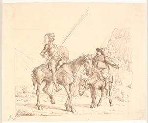 Sancho auf dem Esel erklärt Don Quixote etwas