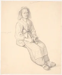 Sitzende schwedische Frau mit Strickzeug