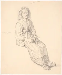 Sitzende schwedische Frau mit Strickzeug