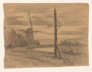 Landschaft mit Pfahl und Windmühle