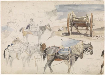 Studienblatt mit Muschelwagen am Strand und verschiedenen Studien von Pferden
