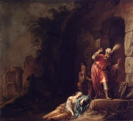 Der Levit von Ephraim entdeckt den leblosen Körper seiner Geliebten, die von Banditen missbraucht wurde (Tod der Konkubine des Leviten)