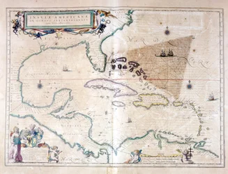 Das Karibische Meer: Man kann das Bermuda-Dreieck zwischen dem Bermuda-Archipel, Miami und Puerto Rico sehen. Laut Wilhelm Blaeus Atlas