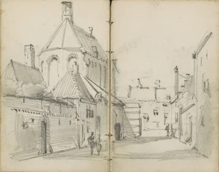 Dorfstraße mit einer Kirche und Figuren