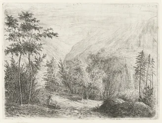 Berglandschaft mit ruhender Figur am Weg