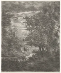 Hügellandschaft mit Ruine und Boot auf Wasser bei Mondlicht