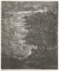 Hügellandschaft mit Ruine und Boot auf Wasser bei Mondlicht