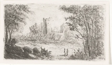Landschaft mit Ruine eines Schlosses und zwei Figuren