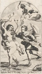 Daphne flieht vor Apollo, mit Amor darüber
