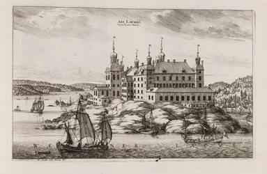 Schloss Läckö von der Vänernseite, aus „Suecia antiqua et hodierna“