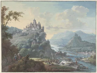 Flusslandschaft mit einer Stadt auf einem Hügel