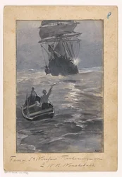 Jungen signalisieren einem Schiff von einem sinkenden Ruderboot aus