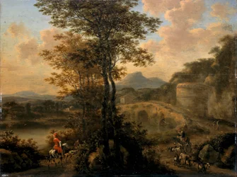 Italienische Flusslandschaft mit Steinbrücke, 1650