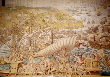 Eroberung von Tunis durch Kaiser Karl V.: die Belagerung von Golette im Jahr 1535. Detail eines Wandteppichs von Willem de Pannemaker (1554) Alcazar de Sevilla