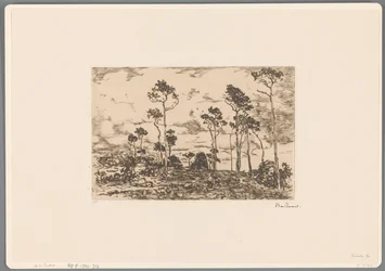 Landschaft mit kahlen Bäumen und Holzfällern