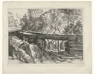 Berglandschaft mit hölzernem Aquädukt
