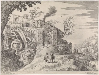 Landschaft mit einer Wassermühle und dem barmherzigen Samariter