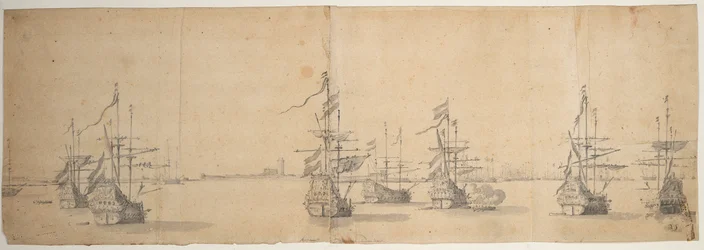 Niederländische Schiffe vor einer flachen Küste, um 1658