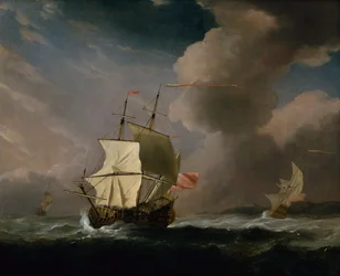 Ein englischer Zweidecker bei starkem Wind mit einem weiteren Schiff im Hintergrund