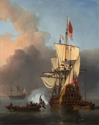 Ein englisches Kriegsschiff feuert einen Salut