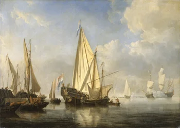 Schiffe in ruhiger See mit einer Staatsyacht am Ende eines Piers, ca. 1680
