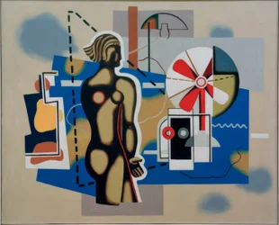 Weibliche Figur auf blauem Feld