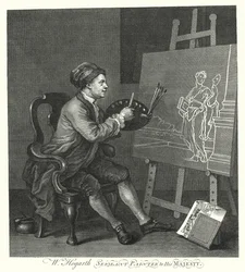 Selbstporträt des englischen Künstlers William Hogarth (Gravur)