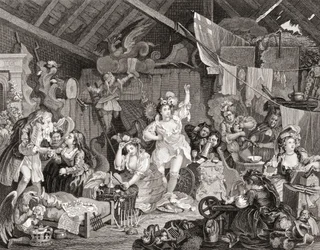 Umherziehende Schauspieler proben in einer Scheune, graviert von G. Presbury, aus The Works of Hogarth, veröffentlicht London 1833 (s/w Gravur)