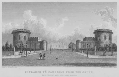 Eingang nach Carlisle von Süden, das Gefängnis und das Sitzungsgebäude (Stich)