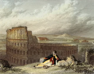 Lord Byron betrachtet das Kolosseum (farbige Gravur)
