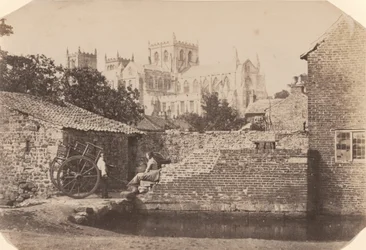 Ripon-Kathedrale von Südosten, neben dem Fluss Skell, ca. 1855