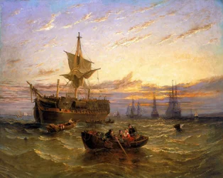 Britisches Ostindien-Handelsschiff auf der Themse (England). Öl auf Leinwand von William Adolphus Knell (1802-1875)