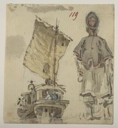 119 Boot- und Figurenstudien, aus einem Album von 372 Zeichnungen von Landschaften, Küstenlinien, Kostümen und Alltagsleben, erstellt während Lord Macartneys Gesandtschaft an den Kaiser von China, zwischen 1792 und 1794 (Bleistift & Aquarell auf Papier)